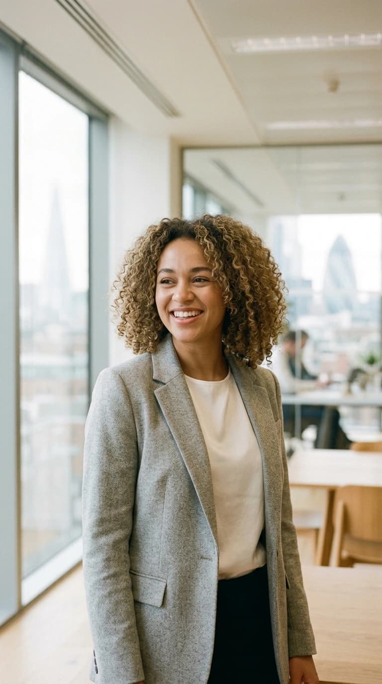 A woman in her twenties in an office, smiling