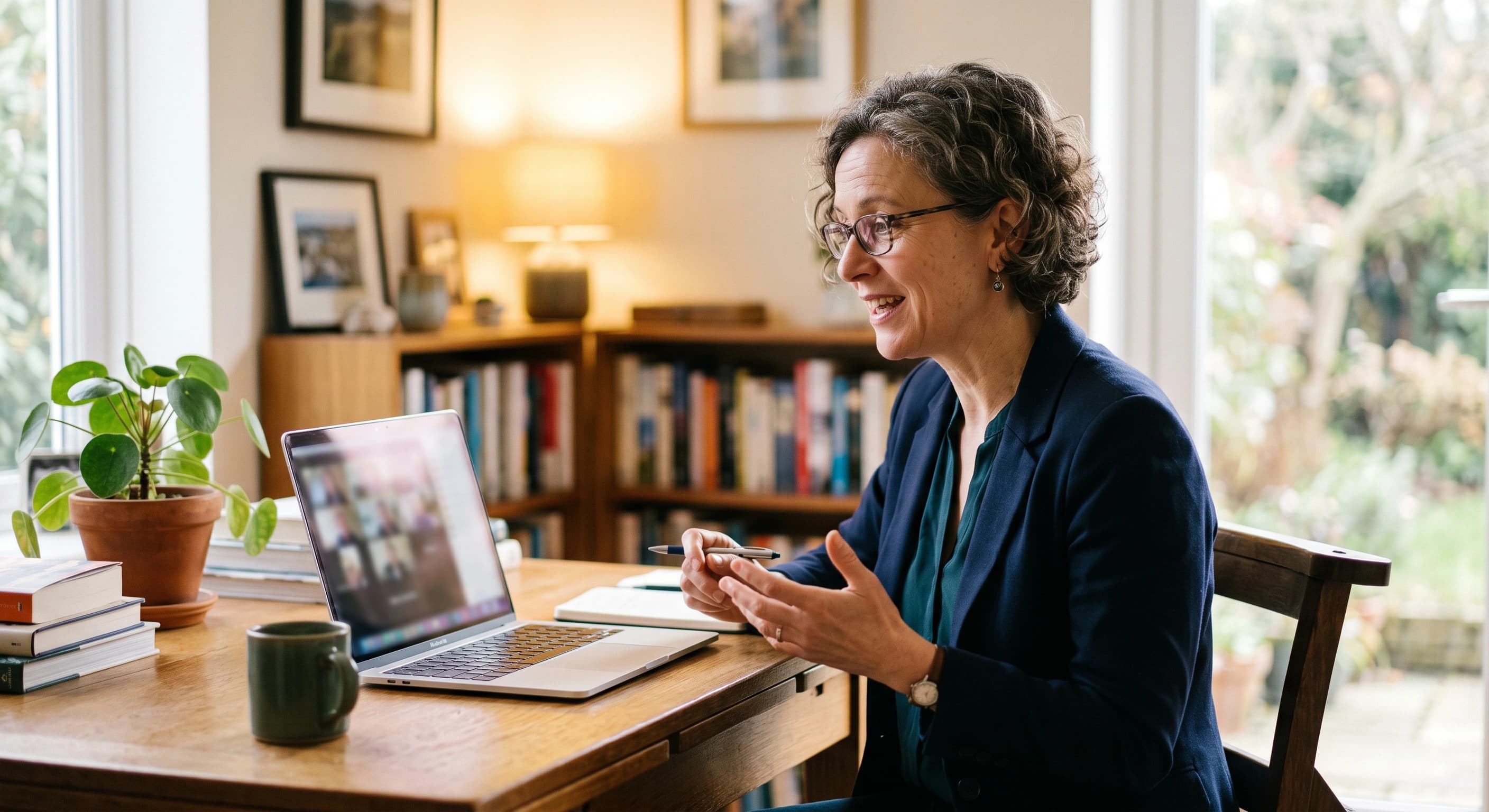 A woman on a video call at a desk at home