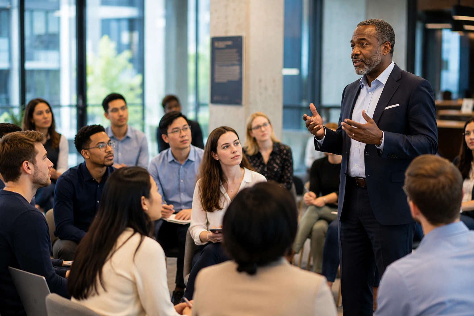 A speaker standing and talking to a seated room of young people